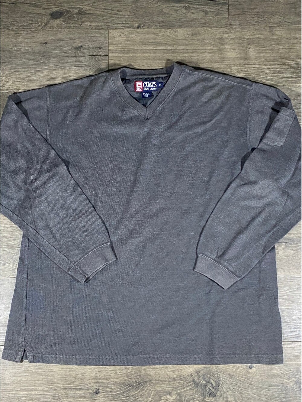 Chaps Ralph Lauren Men XL Gray V Neck Sweater Elbow Patch Preppy Vintage